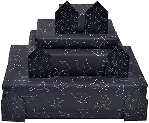Black Wrapping Paper - 6 Sheets of Gift Wrap - Constellations - Zodiac - Magic - For Girls Boys Women Men - For Anniversary Birthday Valentines Day - Recyclable - By Central 23