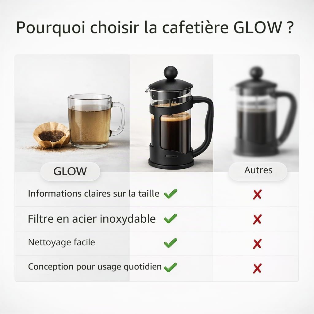 GLOW Classic Continental Cafetière noire 350 ml – Cafetière manuelle de qualité supérieure avec cafetière à piston en verre trempé résistant aux chocs et filtre à piston pour haricots moulus expresso