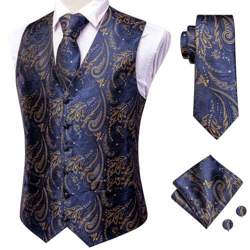 Men’s Paisley Silk Vest Set 3-Piece Textured Dress Waistcoat with Tie and Pocket Square for Wedding or Formal Suit2