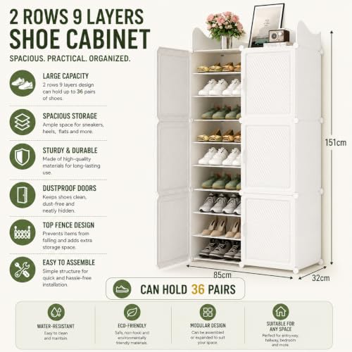 Image of Mevigo 18-Tier Shoe Rack with 6-Doors|Holds 36-Pairs |Waterproof & Dustproof Modular Plastic Shoe Cabinet|Foldable Stackable Shoe Organizer with MetalFrame |Space Saving Storage-White-HV2-9