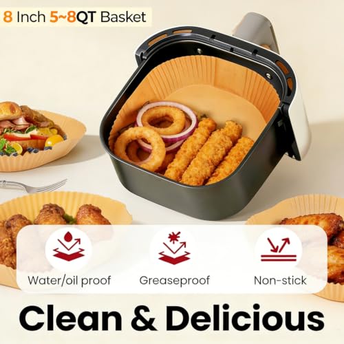 Image of Air Fryer Liners Disposable: 125Pcs Unbleached Parchment Paper Liners, 8 inch Square Non-Stick Disposable Sheets for 5-8 QT Baskets, Oil-Proof for Easy Cleanup | with Air Fryer Magnets for Parchment Paper