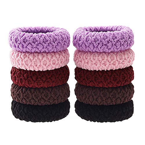 Elastic Hair Bands Thick Hair Ties No Crease Ponytail Holders Stretch Hair Ropes for Women Ladies, Black Brown Red Pink Purple (10 PACK)