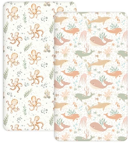 Image of Crib Sheets for Boys and Girls, 2 Pack Fitted Baby Sheets for Standard Toddler Mattress 28 inch x 52 inch, Soft Breathable Jersey Knit Baby Bedding (Aqua Wonders)
