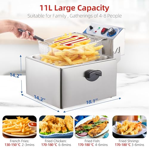 PULLAFUN Commercial Deep Fryer Countertop Stainless Steel 11L Electric Deep Fryer with Temperature Control Single Large Tank French Fries Restaurant Home Kitchen