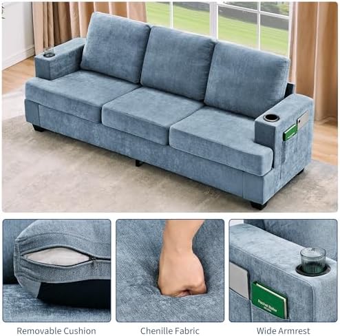 Garvee 89" Modern Sofa for Living Room, 3-Seater Comfy Couches with Deep Seat, Chenille Couch with Cup Holders and Side Storage Pockets for Apartment Lounge, Blue - Thumbnail 2