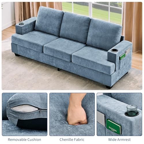GarveeHome Modern 89 in 3-Seater Sofa for Living Room, Comfy Couches with Deep Seat, Chenille Couch with Cup Holders and Side Storage Pockets for Apartment Lounge, Blue - Image 7