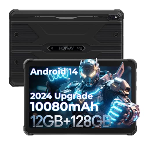 HOTWAV R8 Waterproof Tablet Android 14, 10.1inch HD+ Rugged Tablet, 10800mAh, 12GB + 128GB/TF 1TB, 13MP+5MP Camera Outdoor Work Tablets, Octa-Core/Dual SIM 4G/WLAN 5/IP68&IP69K/Face ID/GPS/OTG