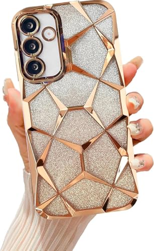 Image of VONZEE Gradient Glitter Clear Case for Samsung S25 Plus, Luxury Electroplated 3D Cube, Diamond Bling Shiny Soft TPU Clear Shockproof Women Girls Protective Phone Cover (Gold)