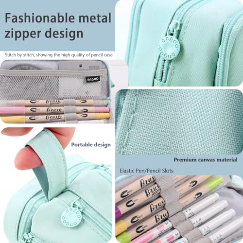 Image of Invite Large Capacity Pencil Box 3 Compartments, Zipper Portable Handle, Aesthetic Pencil Box Stationery Organizer for Office College School Teen Girl Boy (3 Compartments-Light Green)