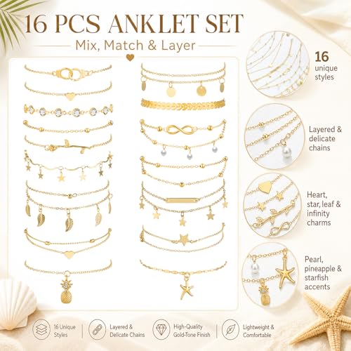 Hicarer 16 Pcs Ankle Bracelets for Women 14k Boho Gold & Silver Alloy Plated Waterproof Link Chains Beach Adjustable Jewelry - Image 4