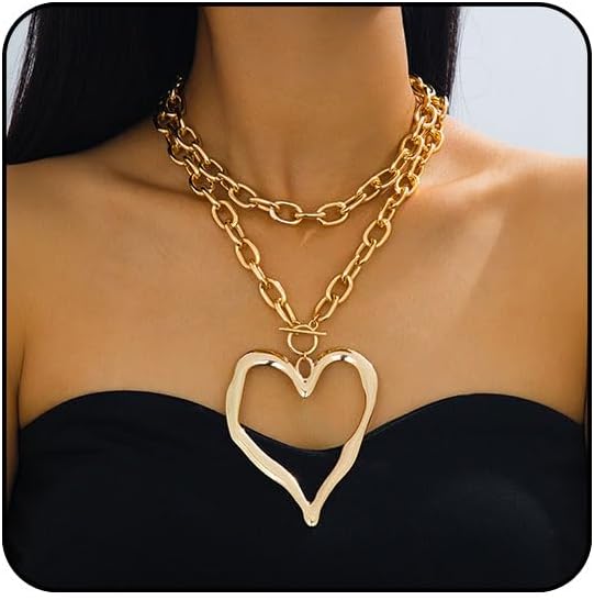 Chunky Gold Necklace Big Heart Necklace for Women Silver Large Statement Necklaces Thick Bold Chain Puffy Love Heart Charm Necklaces for Women with OT Toggle Silver Chunky Gold Jewelry Trendy Valentine's Day Gift
