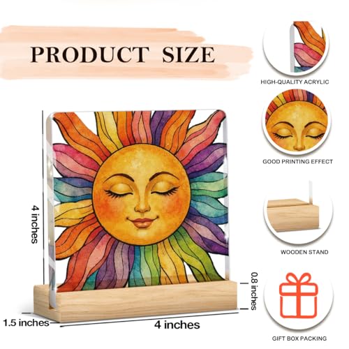 Image of Summer Sunshine Gifts, Inspirational Sun Sunshine Acrylic Sign Desk Decor, Pop Smiles Wooden Block Sign Decorations for Home Office Girls Dorm Room Nursery Playroom Tabletop Shelf Decor