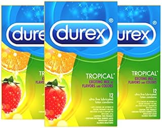 Durex Tropical Condoms, Natural Rubber Latex Condoms for Men, FSA & HSA Eligible, Exciting Flavors, 12 Count (Pack of 3)