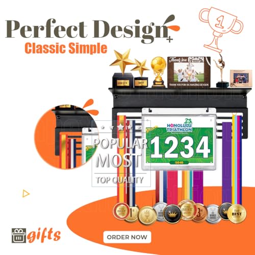 Image of Personalized Medal Holder with Name Display Rack for Awards Ribbons - Metal Custom Sports Race Plaques Hanger for Wall Mount Hold Up 63 Medal Hanger Display for Athlete Boy Girl Kid