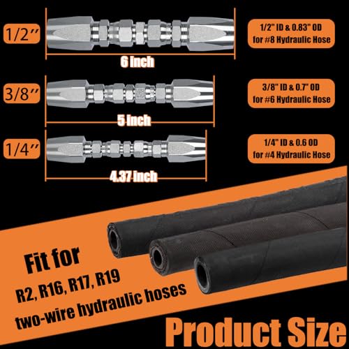 Image of 3Packs Reusable Hydraulic Hose Field Repair Kit, 1 /4 inch 3 /8 inch 1 /2 inch Inner Diameter Hydraulic Hose Repair Fitting, 4000 psi Pressure Rating Compatible with R2, R16, R17, R19 2-wire hydraulic hoses,