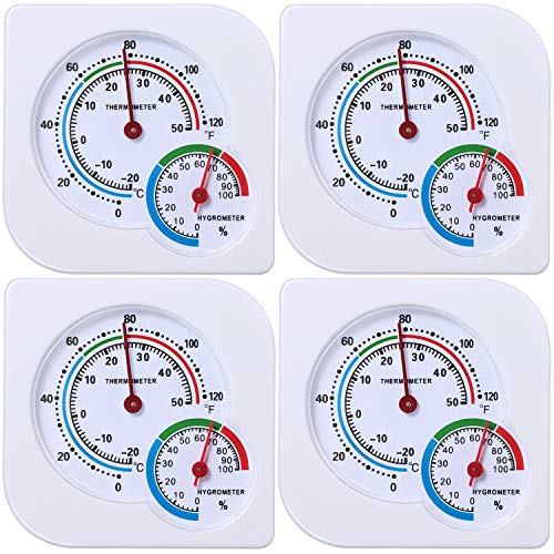 4 Pieces Indoor Thermometer Hygrometer Temperature Humidity Monitor Gauge Temperature Humidity Meter Gauge for Home, Patio, Planting Room, Reptile Terrariums Mini Thermometer Hygrometer (White)
