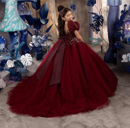 Burgundy Girls Pageant Dress Cap Sleeves Flower Girl Dress for Wedding Puffy Prom Ball Gowns for Kids2
