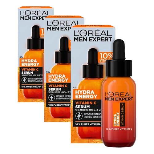 L'Oréal Men Expert Sérum de vitamina C contra la piel cansada para hombres, cuidado hidratante para un aspecto radiante, suero facial para hombre de alta dosis con 10% de vitamina C pura, Hydra Energy