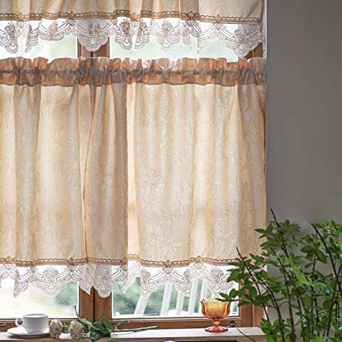Sutavia Retro Kitchen Curtains Window Valance Set 3 Pieces Waterproof Champagne Jacquard Fabric With Embroidery Lace Natural Country Cafe Curtain Tiers & Valance Set For Kitchen Dining Room Bedroom  #TOP4
