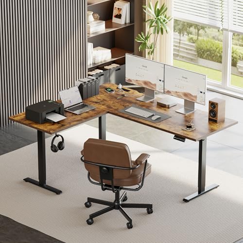 Image of Agilestic Electric L Shaped Standing Desk 63 x 55 Inch with Power Outlet, Height Adjustable Corner Stand up Desk with Cable Management,Sit Stand Home Office Workstation with Splice Board, Rustic Brown