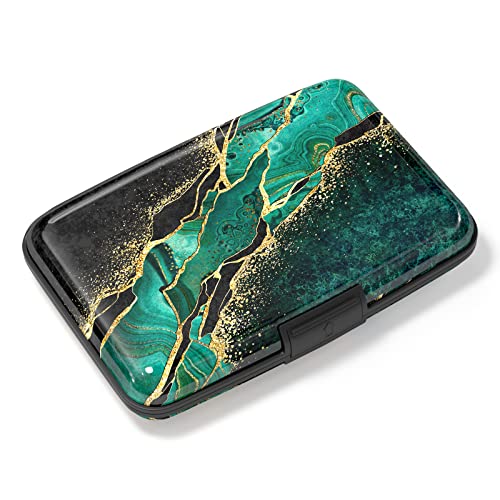 Image of Credit Card Holder, Mini Aluminum Card Wallet RFID Blocking Slim Metal Hard Card Case for Women Men, Green Black Marble