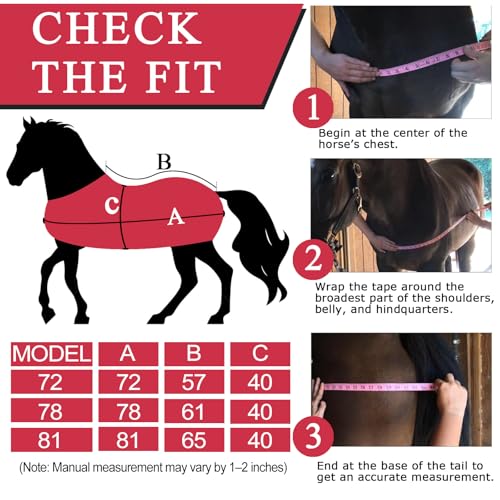 Horse Blankets Winter for Real Horses, 1600D Waterproof Poly Rain Sheets 72 in with Neck Cover Belly Wrap Tail Wrap Turnout Blanket, Stuff Care Medium Large Weight Heavy Outdoor Clothes Red Black - Image 3