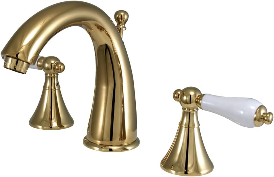 Kingston Brass KS2972PL Naples Widespread Lavatory Faucet with Porcelain Lever Handle, Polished Brass