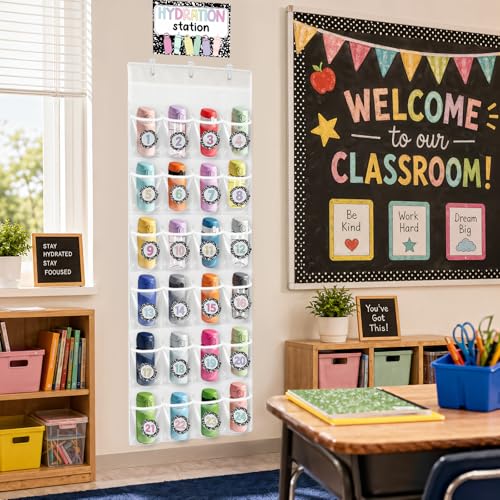 2-PCS-Water-Bottle-Organizer-for-Classroom-48-Pocket-PVC-Water-Bottle-Holder-with-Hydration-Station-StickersOver-the-Door-Hanging-Water-Bottle-Storage-Foldable-Wall-Mounted-Cup-Holder-for-School