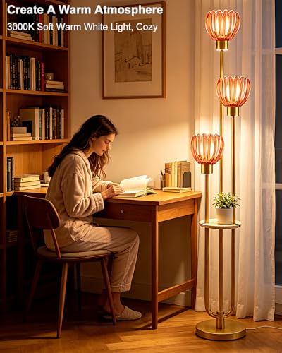 Image of Lightdot 3-Lights Glass Floor Lamp for Living Room Modern Gold Floor Lamps with Lotus Deep Red Glass Shade& Bulbs Included for Wedding /Party Tall Standing Lamp for Bedroom /Sofa Beside /Corner Decor