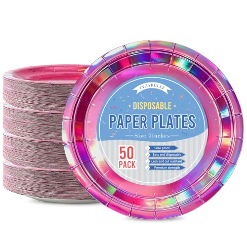 Image of Iridescent Hot Pink Paper Plates, 7 Inch Dessert Cake Plates, 50 Count Bulk | Colored and Sturdy Durable Party Plates, For Mermaid Disco Kpop Birthday, Bridal Showers, BBQ, Pool Parties, Food-Safe