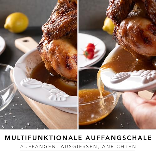 Römertopf Hähnchenbräter CHICO – Hähnchenhalter mit Aromabehälter aus Naturton – 25 cm – für Hähnchen & Ente bis 2 kg – Hähnchen Grill Halter für Backofen & Grill