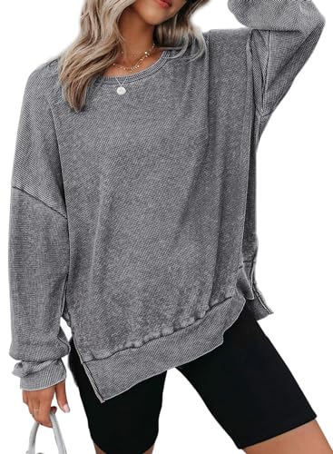 Image of Dokotoo Sweatshirt for Women Oversized Waffle Knit Crewneck Sweatshirts Long Sleeve Side Slits Casual Pullover Tops