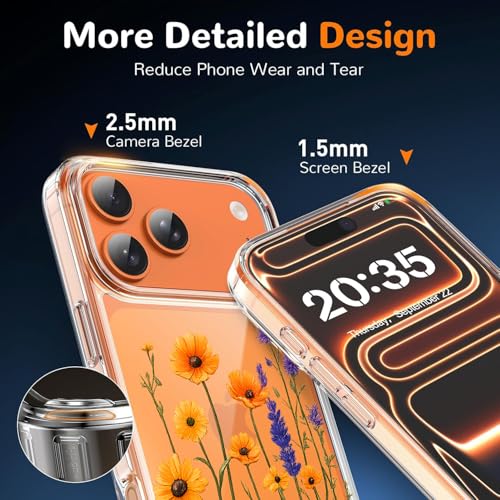 Image of Elzzi Floral Case for iPhone 17 Pro Max, Lavender Flower Clear Phone Case for Women Girls, Cute Aesthetic Purple Botanical Transparent Shockproof Protective Slim Cover (Orange with Leaf)