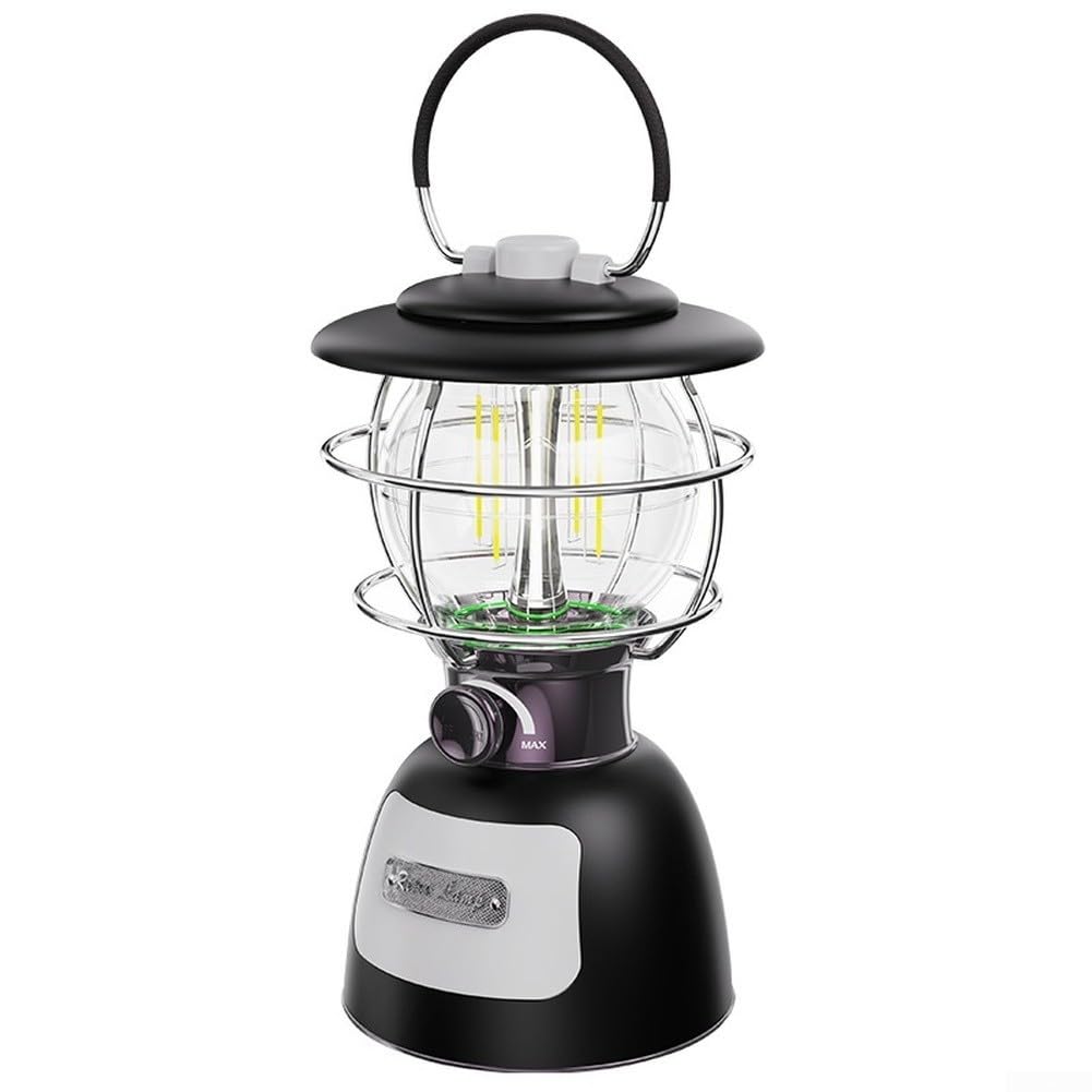 Eawfgtuw Linterna LED de camping con batería de 5200 mAh, luz de tienda regulable para senderismo al aire libre, banco de energía de puerto de carga rápida, lámpara de filamento retro, mango de gancho
