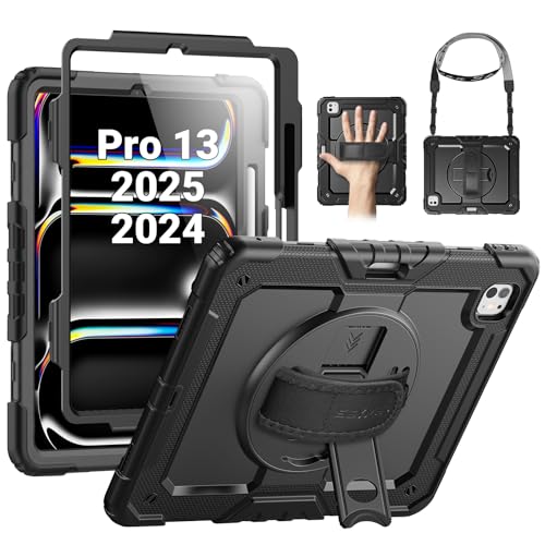 SEYMAC Hülle für iPad Pro 13 Zoll M5/M4 (2025/2024) für iPad Pro 13 Hülle Schutzhülle mit 360 Drehbarer Ständer/Handschlaufe Verstellbarer Schultergurt Displayschutzfolie Stifthalter Schwarz