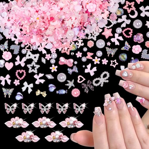 600 Pcs 3D Pink Assorted Nail Charms and Chunky Butterfly Charm, 3D Junk Case Charms Kit, Mix Styles Pearls Star Heart Bows Moon Flowers Acrylic Nails Art Charms Embellishments for Nails Art