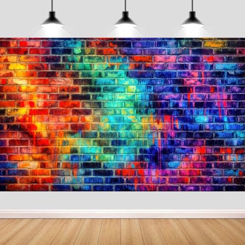Colorful Rainbow Brick Wall Backdrop, Neon Graffiti Brick Photography Background, Urban Street Art Themed Banner for 80s 90s Hip Hop, Birthday, Graduation & Glow Party Decorations 7X5FT