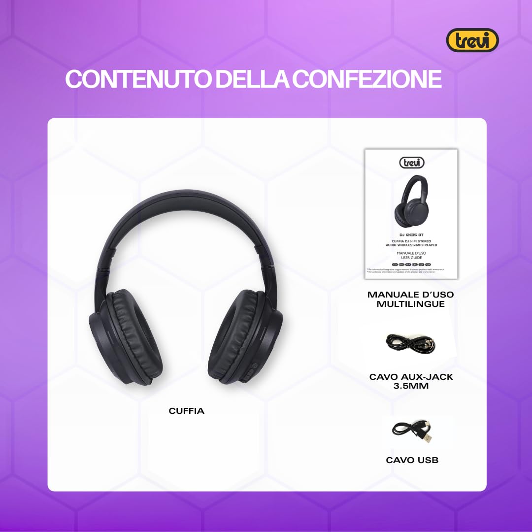 Trevi DJ 12E35 BT Cuffie Wireless Over Ear, Stereo HiFi con Microfono, 8h Autonomia, Comandi su Padiglione, Pieghevoli e Leggere, Compatibili con iOS e Android, per Viaggio, PC, Telefono e Ufficio