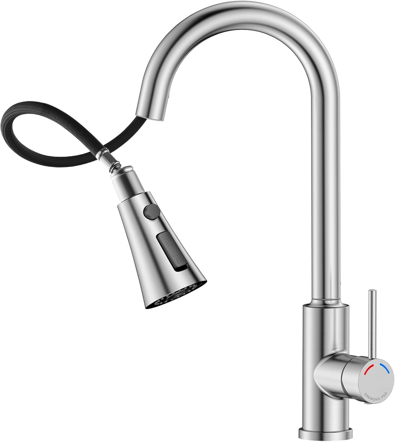 Robinet de Cuisine à Ressort avec Douchette Extractible, Mitigeur Évier Bec Haut Pivotant 360°, 4 Modes de Jet, Acier Inoxydable Brossé, Installation 1 Trou (38,6 cm)