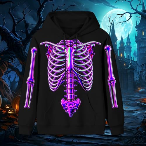 Mens Hoodies Halloween Neon Skeleton Bones Hoodie Pullover Sweatshirt Fall Y2k Casual Long Sleeve Hoodies with Pocket - image 2