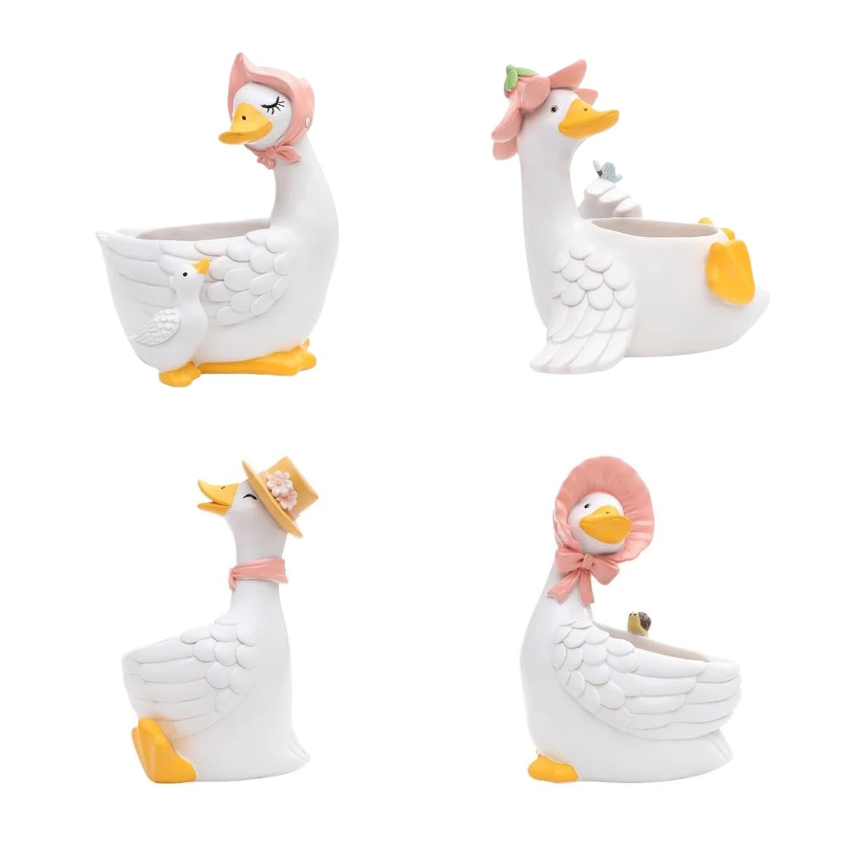 Harz Sukkulententopf Gans Figur, Mini Blumentopf mit Abflussloch, Handgefertigte Tierstatue für Schreibtisch Fensterbank Balkon Landhaus Deko (Vierteiliges Set)