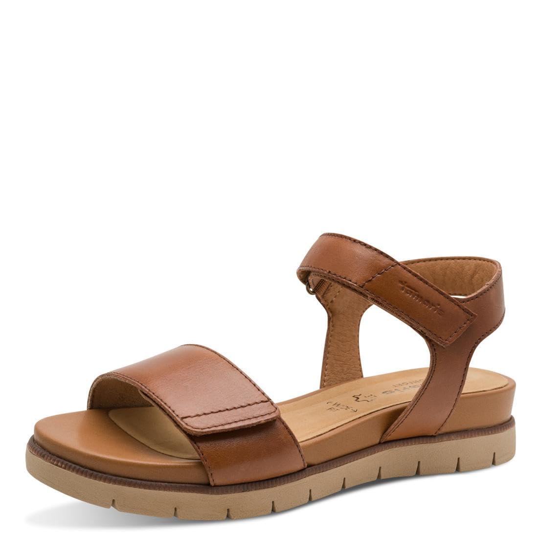 Tamaris Damen Wide Fit Damen Sandalen flach aus Leder mit Klettverschluss, braun (cognac nap uni), 42 EU