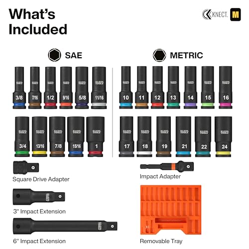 Image of Klein Tools 65123HD KNECT Deep-Well Impact Socket Set, 1 /2-Inch Drive, SAE and Metric, 28-Piece Tool Set, 1 /4-Inch Impact Driver, Wrench Extensions, Color-Coded, Removable Socket Organizer