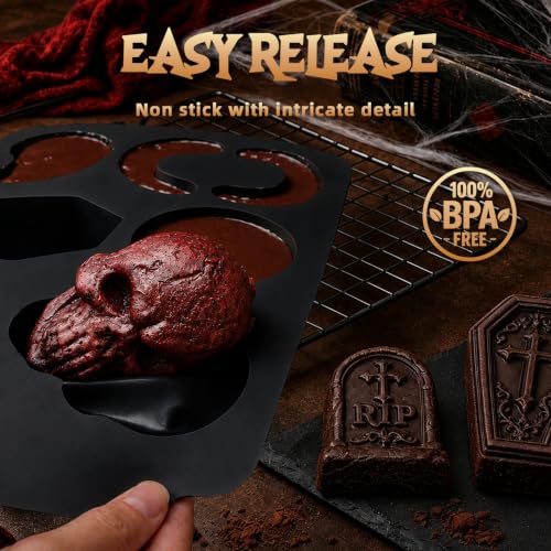 Image of HKNMTT Skull Cake Pizza Pan 6 Spooky Shapes Halloween Silicone Baking Mold | Skull Eyeball Fangs Tombstone Coffin Brain Cake Mold for Pizza Chocolate Musse Soap Ice Cubes Non-Stick Food Grade