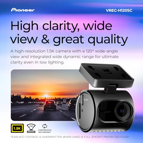 Image of Pioneer VREC-H120SC Compact Dash Camera - Discreet 1.5K Resolution Front Dash Cam for Cars with Impact Detection, 120 Degree Wide Angle Coverage, Built-in WiFi, Companion App, USB-C Easy Install