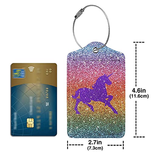 BLUBLU 2 Pack PU Leahter Luggage Tag with Stainless Steel Loop, Funny Travel Suitcase Labels with Privacy Cover ID Label Quickly Spot for Bags & Baggage Rainbow Glitter Purple Sparkles Unicorn4
