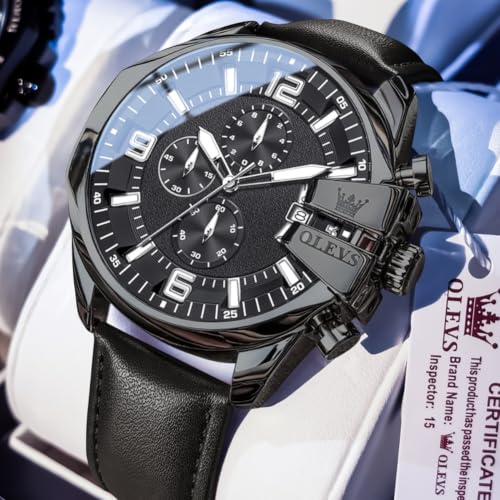 Image of OLEVS Men Watch Big Face Chronograph Waterproof Leather Strap Fashion Watch