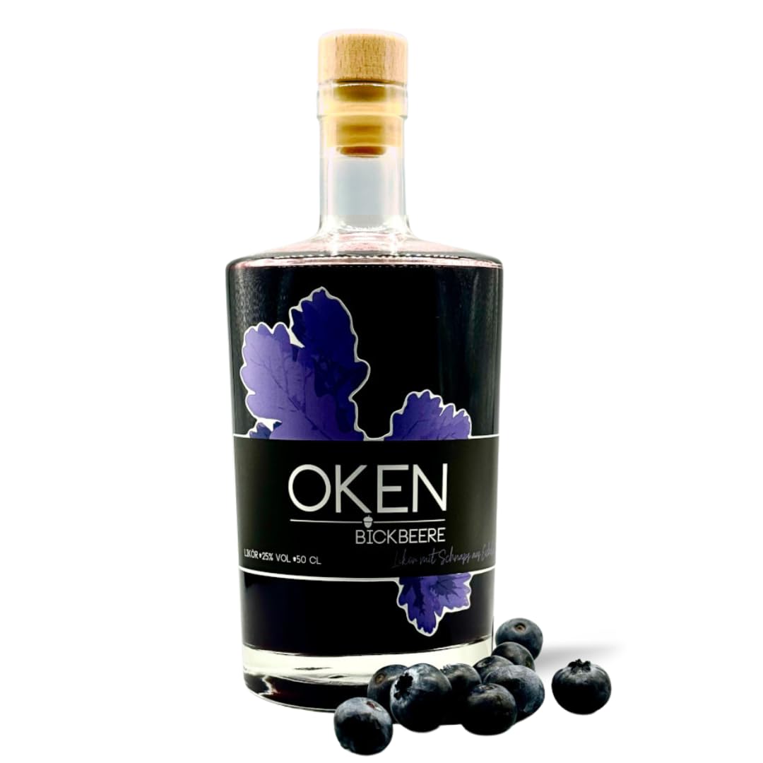 OKEN Bickbeere Blaubeer Vanille Likör – Blaubeerlikör auf Basis von Edelbrand aus Eicheln – Fruchtlikör mit Heidelbeeren und feiner Vanille – Von Hand hergestellt – Schnaps Flasche 0.5 Liter