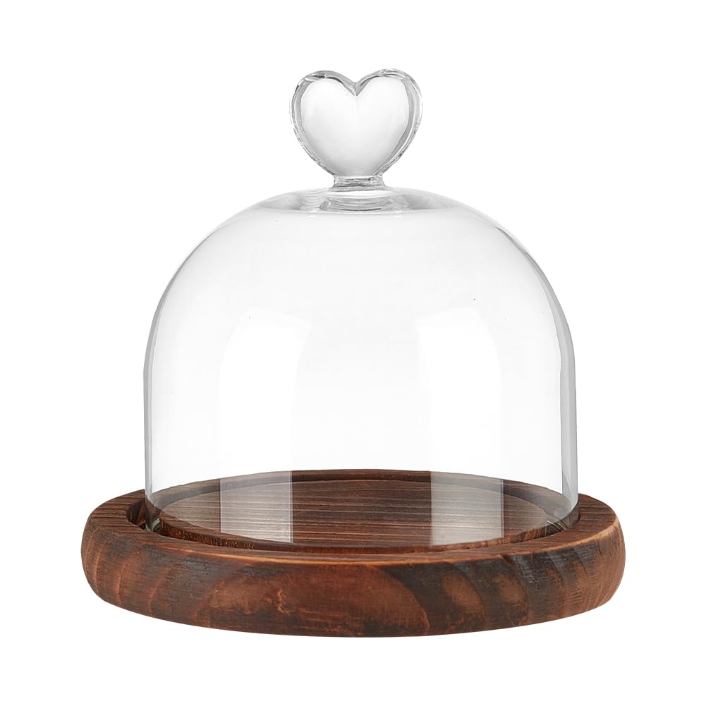 NBEADS Round Glass Display Dome Cloche, Mini Glass Cloche Dome Clear Bell Jar Cloche Plant Terrarium Decor with Wood Base 4.4× 4.4" for Flower Crafts Decorations, Coconut Brown