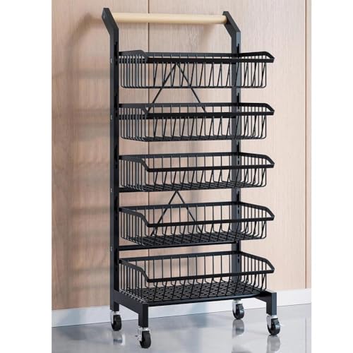 zktoermn Carrito De Cocina con Ruedas Frutero Ajustable Carrito De Cocina Rodante con Asa De Madera Maciza Cestas De Fruta Desmontables Móvil 360°(Black,41x35x105cm)